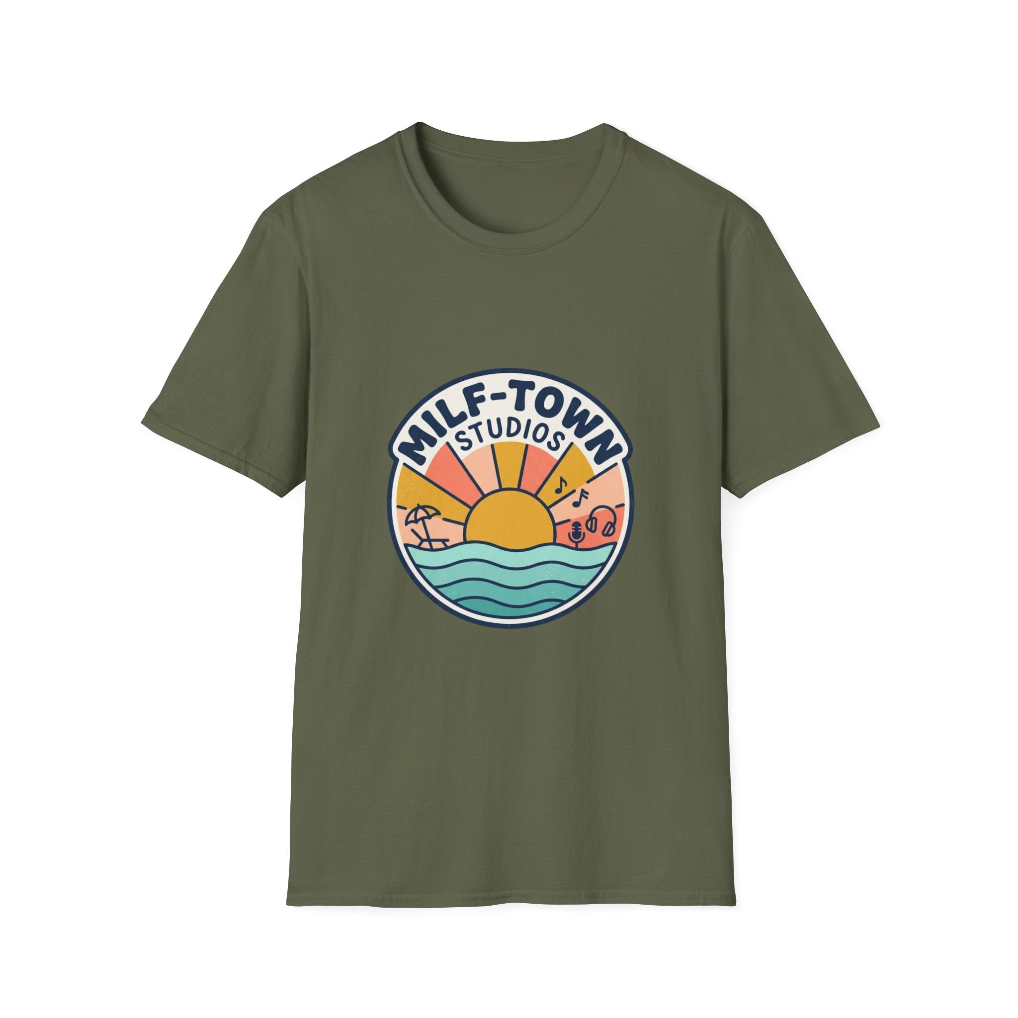 MILF-TOWN STUDIOS Coastal Sunset Tee – Retro Podcast & Creator Lifestyle Graphic Shirt