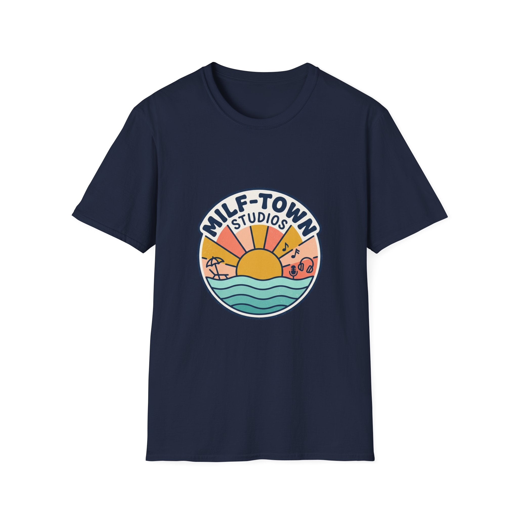 MILF-TOWN STUDIOS Coastal Sunset Tee – Retro Podcast & Creator Lifestyle Graphic Shirt