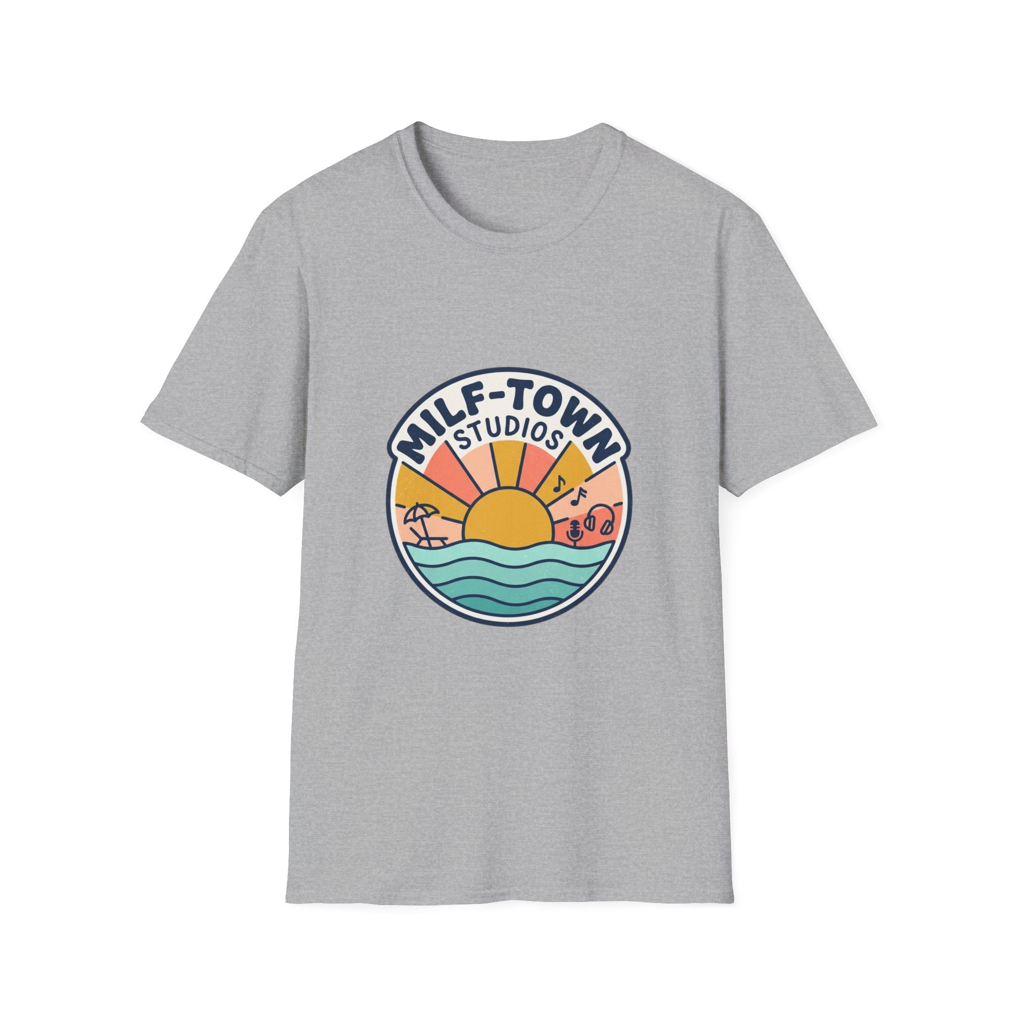 MILF-TOWN STUDIOS Coastal Sunset Tee – Retro Podcast & Creator Lifestyle Graphic Shirt